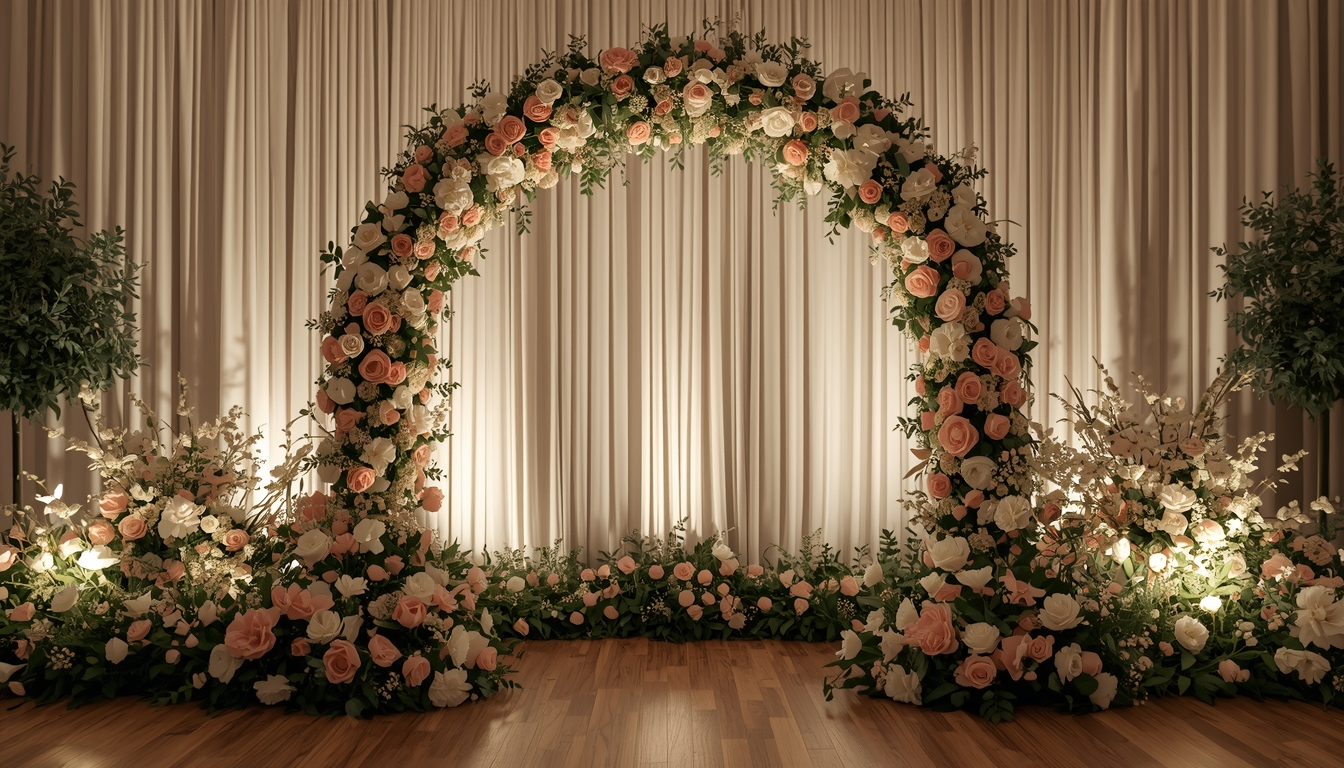 Kholvexxthun Elegant Wedding Backdrop with floral arch and soft lighting